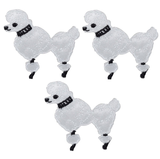 Mini Poodle Embroidered Patch — 3-Pack — Facing Left, White Dog 1-7/8" — Iron On