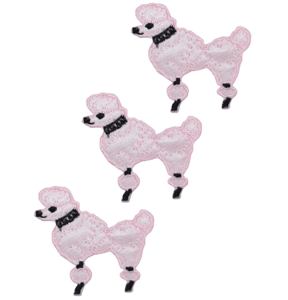 Mini Poodle Embroidered Patch — 3-Pack — Facing Left, Pink Dog — Iron On 1-7/8"