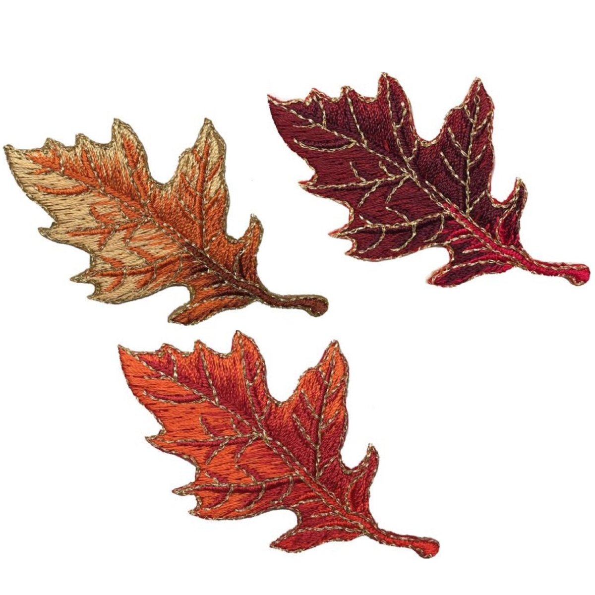 Autumn Fall Leaf Embroidered Patch — 3-Pack — Orange, Tan, Burgundy Oak — Iron On 2-7/8"
