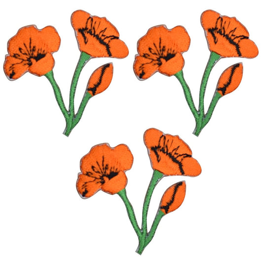 Poppy Embroidered Patch — 3-Pack — Flower, Bloom, California Badge 1-3/4" — Iron On
