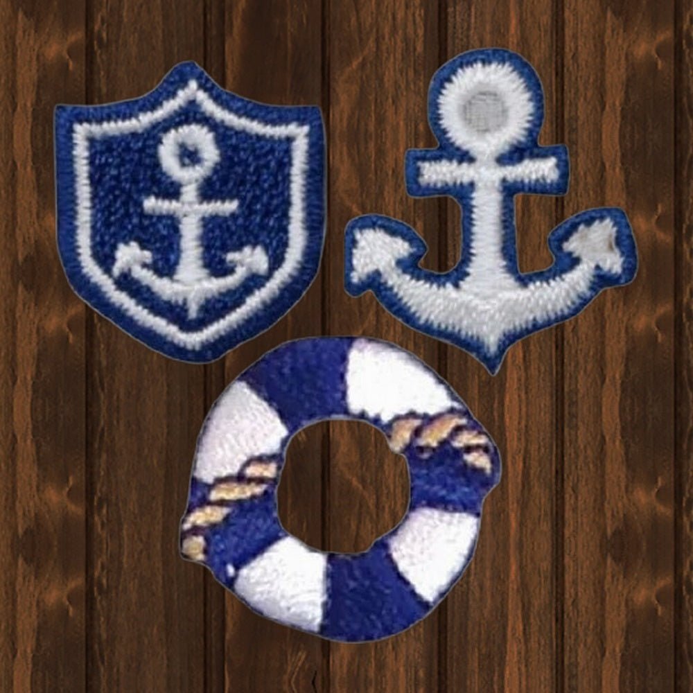 Mini Sailing Applique Patch Set - Nautical Anchor Life Preserver (3-Pack, Iron on) - wood background