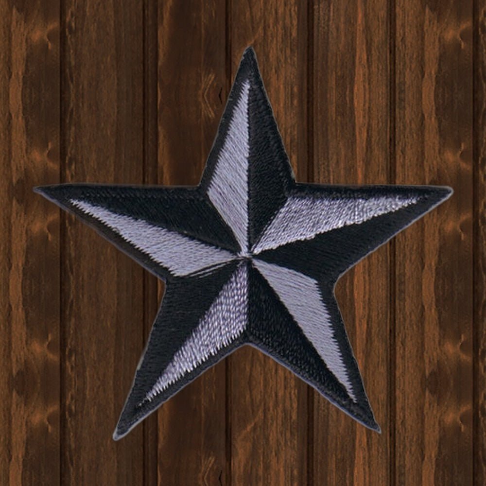 Nautical Star Embroidered Patch - Gray & Black, 3D, 2" - Iron On - wood background