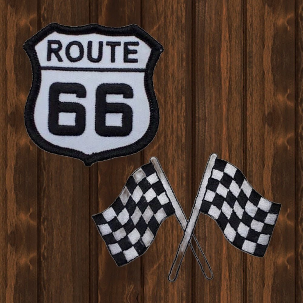 Route 66 & Checkered Flags Embroidered Patch - 2-Pack - Iron On - wood background