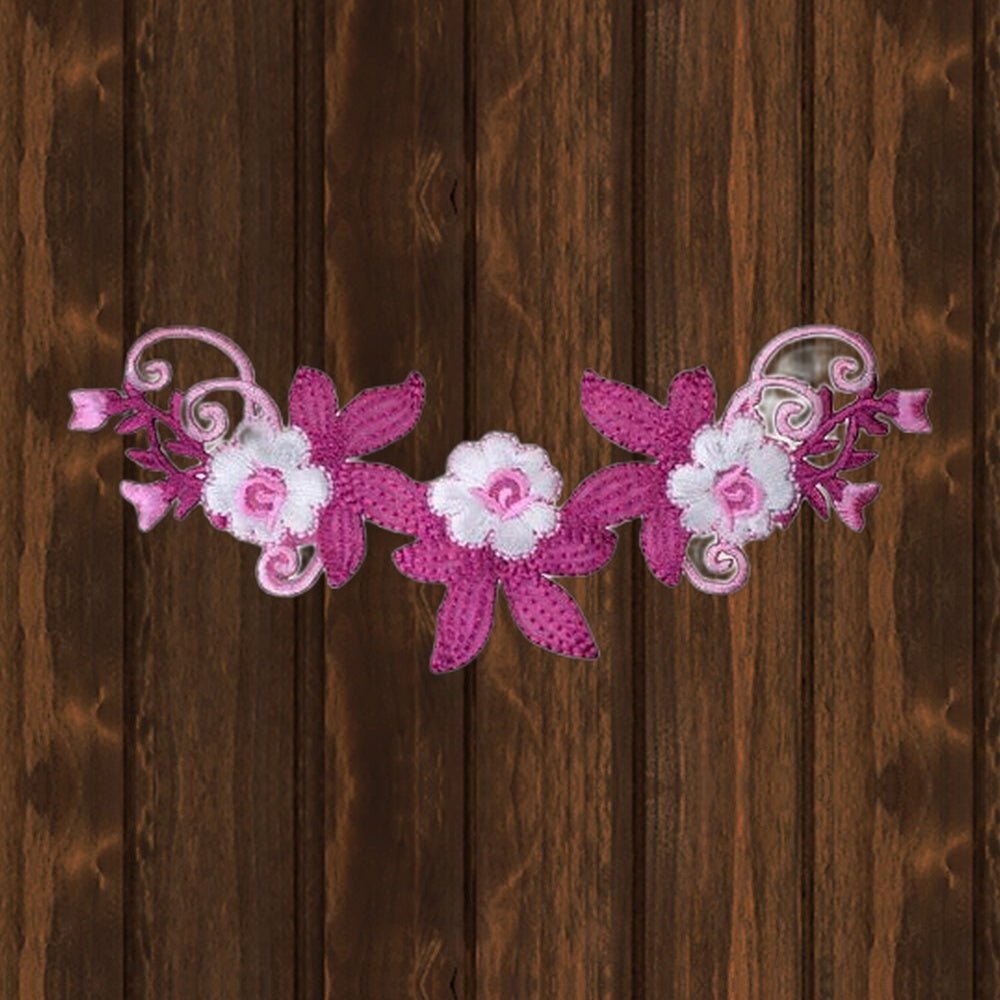 Fuchsia Flowers Embroidered Patch - 5-3/8" - Iron On - wood background