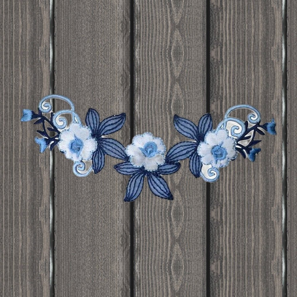 Blue and White Flower Embroidered Patch - 5-3/8" - Iron On - wood background