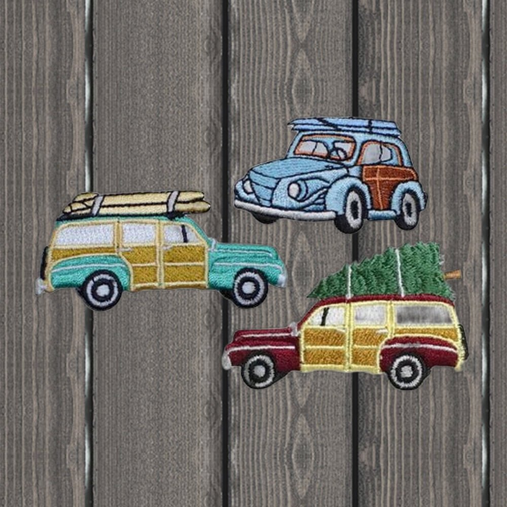 Woodie Station Wagon Car Embroidered Patch - 3-Pack - Iron On - wood background