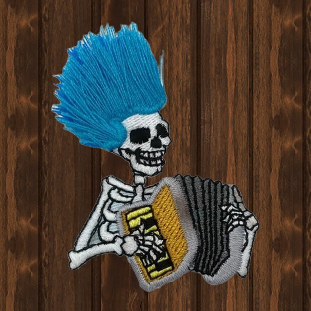 Skeleton & Accordion Embroidered Patch - 2-1/8" - Iron On - wood background