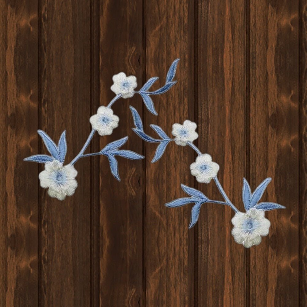 White Flower Embroidered Patch - 2-Pack, 4-1/8" - Iron On - wood background