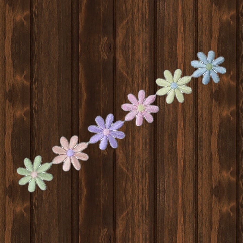Daisy Strip Embroidered Patch - 7-5/8" - Iron On - wood background