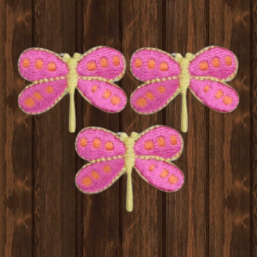 Dragonfly Embroidered Patch - 3-Pack, 1.25" - Iron On - wood background
