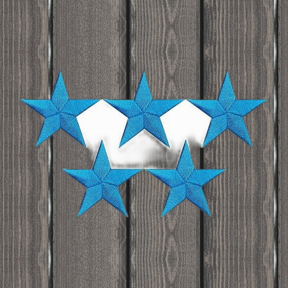 Five turquoise embroidered star patches, each 1.5 inches. Shown on a wood background.