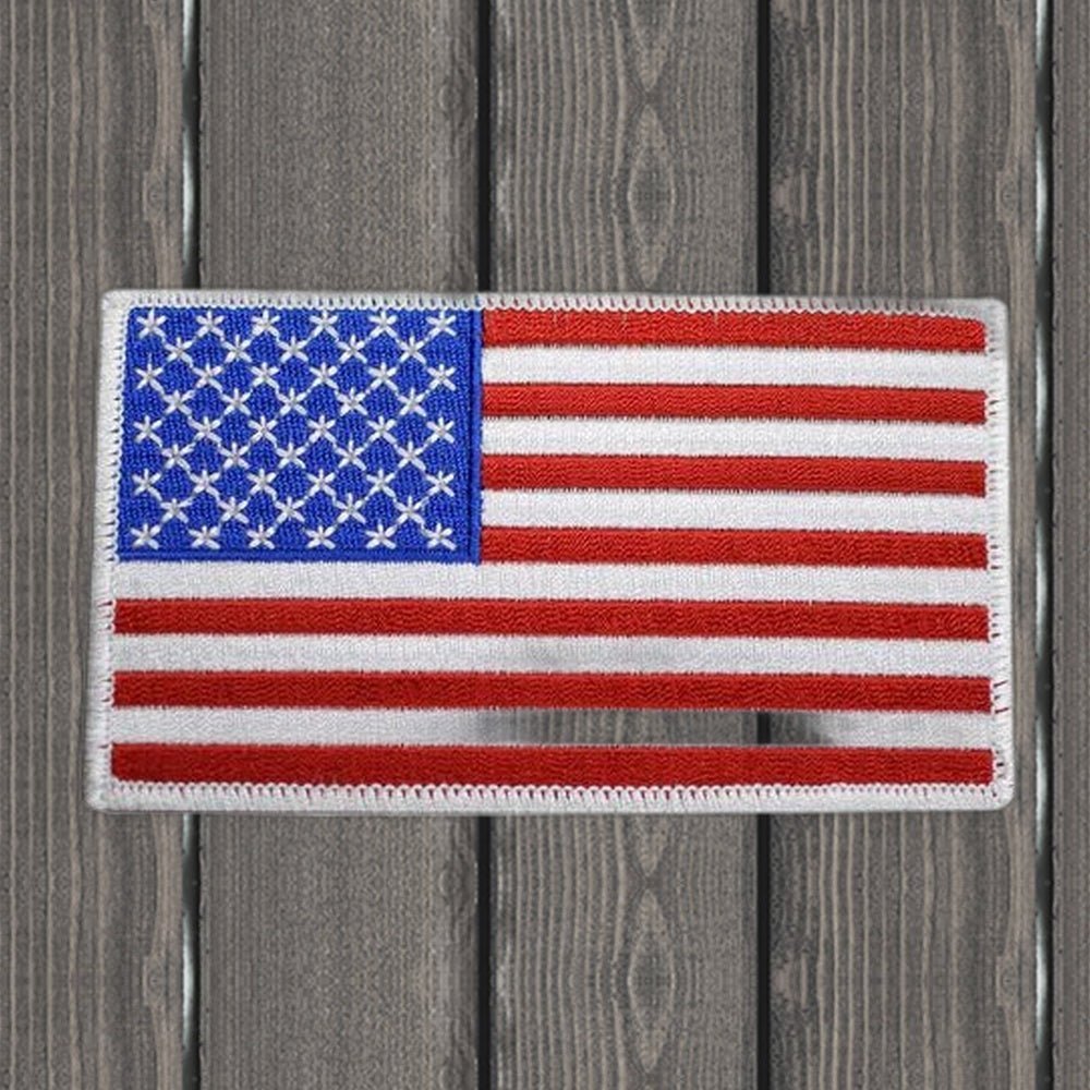 Large American Flag Patch - United States of America, USA 4-7/8" (Iron on) - wood background