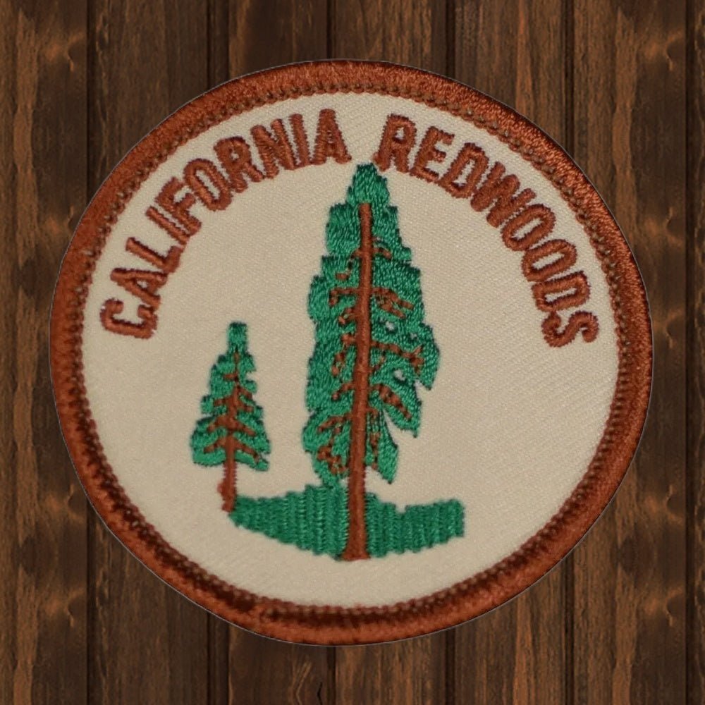 California Redwoods Embroidered Patch - 2" - Iron On - wood background