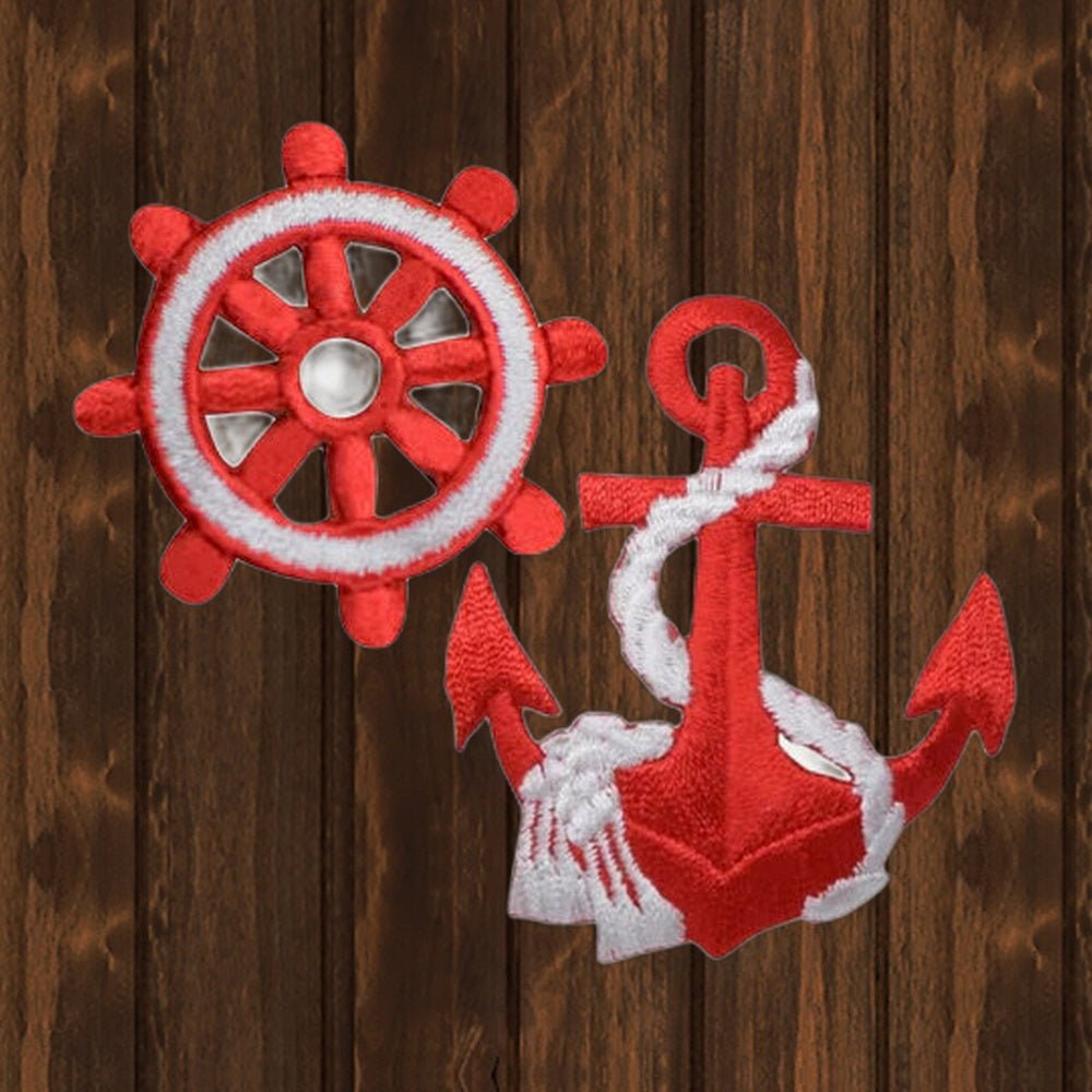 Red Ships Wheel and Red Anchor Pack - Nautical Embroidered Patch Set - wood background