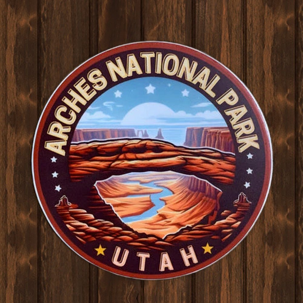 Arches National Park Vinyl Sticker - Utah Hiking Camping Decal - wood background
