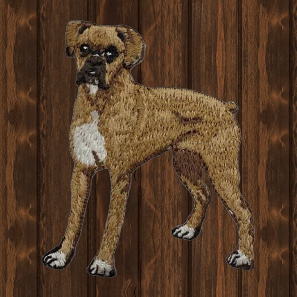 Boxer Embroidered Patch - Puppy Dog Animal Badge, 2-5/8" - Iron On - wood background