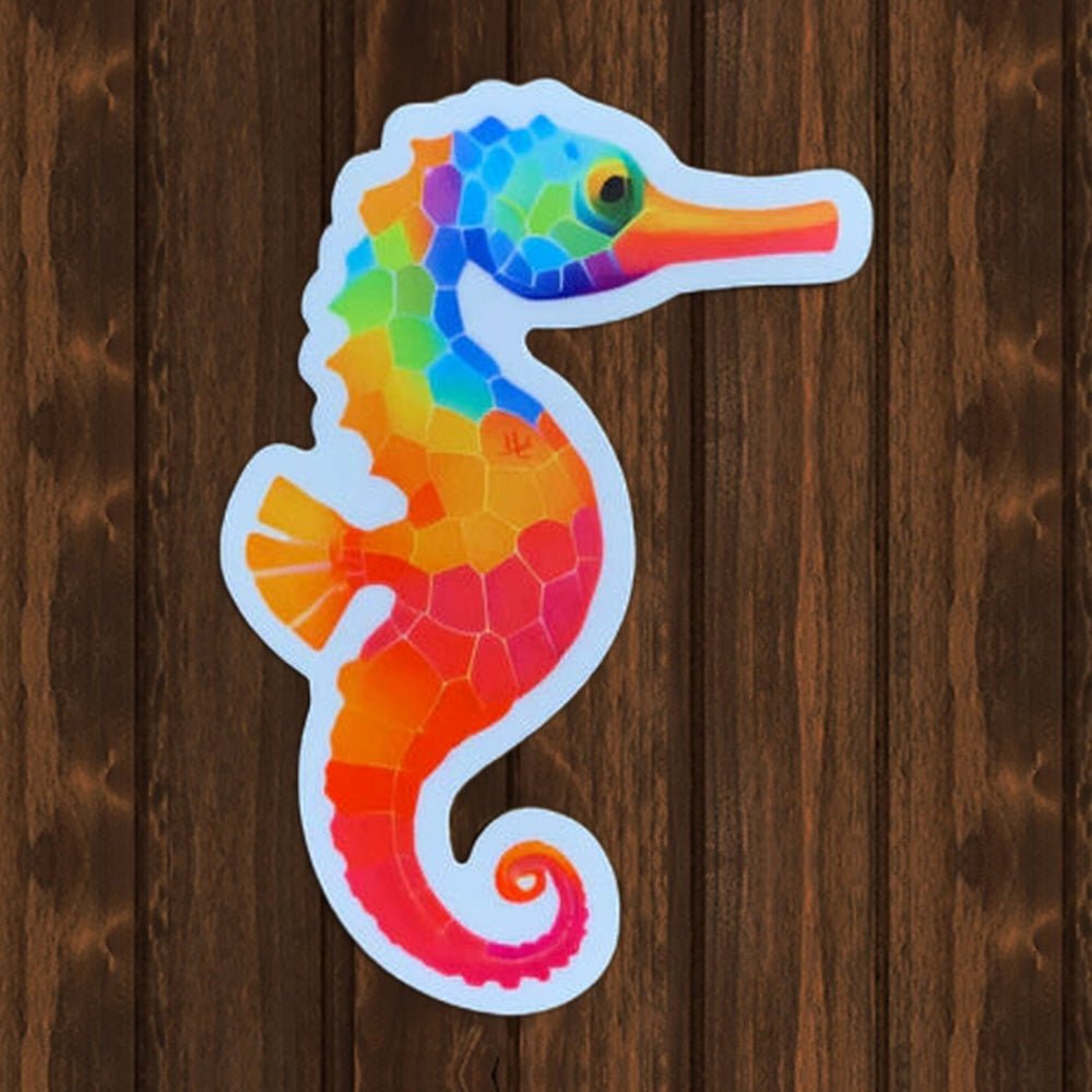 Colorful Seahorse Vinyl Sticker - Majestic Sea Creature Decal (3") - wood background