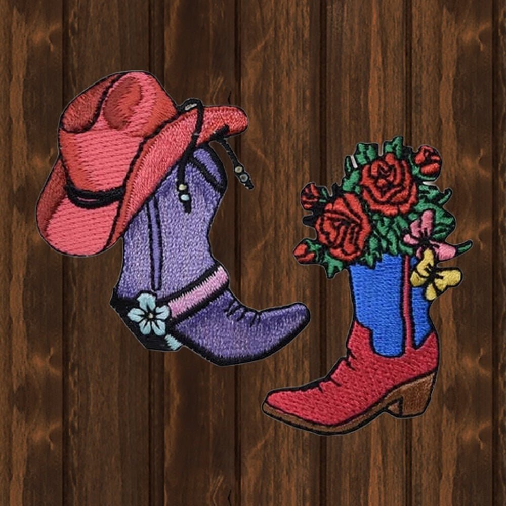 Cowboy Boot Embroidered Patch — Western Flowers Roses — Iron On - wood background