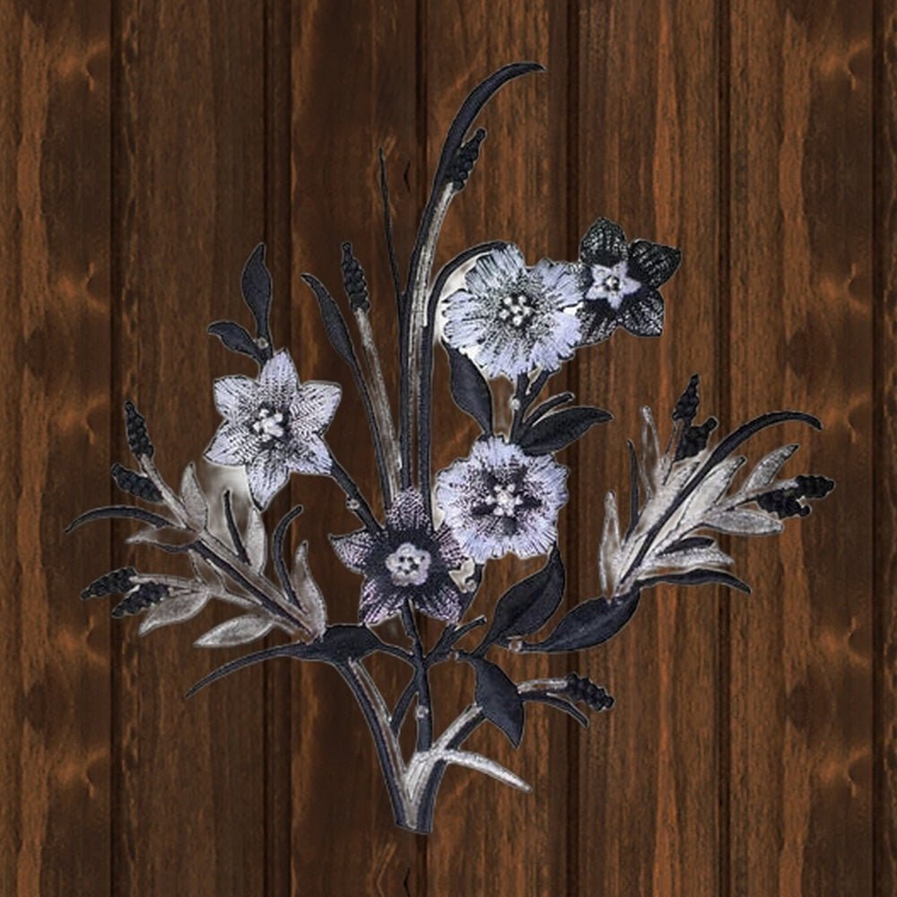 Large Flower Arrangement Embroidered Patch - Metallic Silver, Black and White - Iron On - wood background