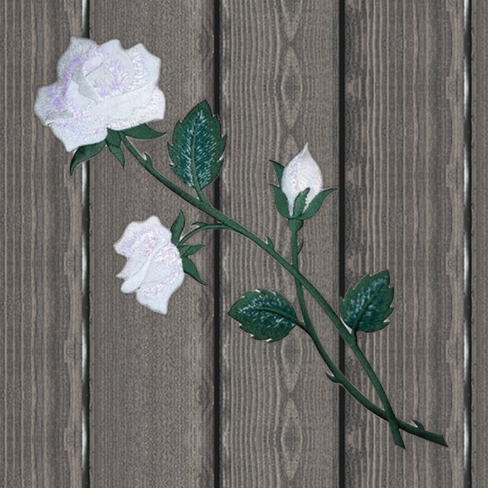 White Rose Embroidered Patch - Extra Large 10.5" - Iron On - wood background