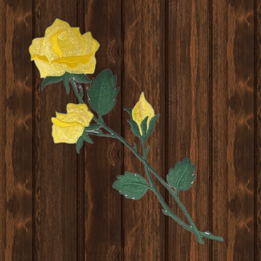 Yellow Rose Embroidered Patch — Long Stem — Iron On - wood background