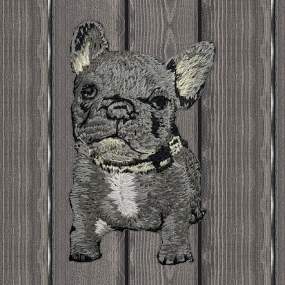 French Bulldog Applique Patch - Pet Dog Badge (2.5") - wood background