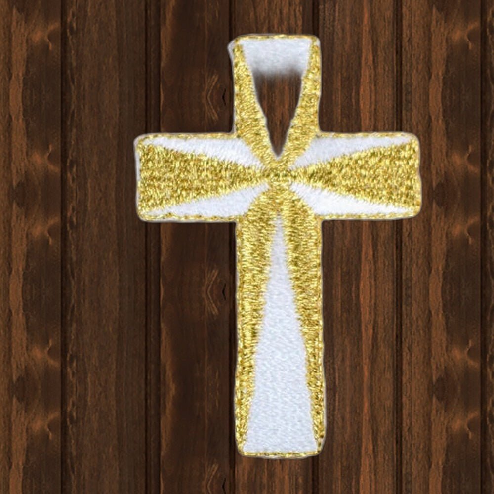 Gold & White Cross Applique Patch - Metallic Christian Badge (2") - wood background