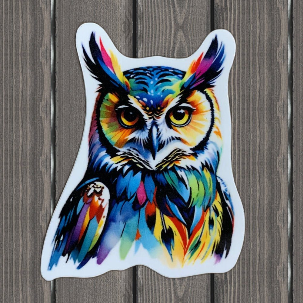 Great Horned Owl Vinyl Sticker - Colorful Bird, 2-5/8" - wood background