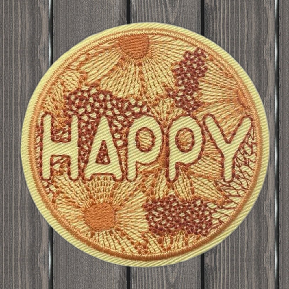 Happy Applique Patch - Colorful Flower Blooms Positive Mindset Badge 2-1/8" (Iron On) - wood background
