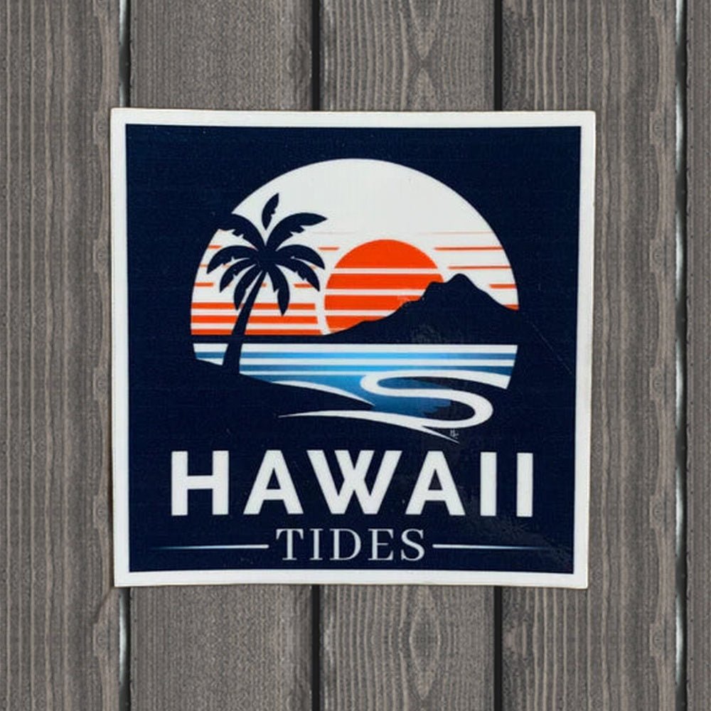 Hawaiian Islands Sticker - Sunset Palm Tree Vinyl Decal (3") - wood background
