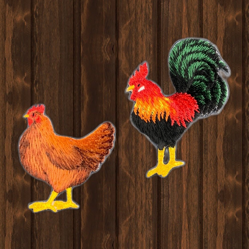 Chicken Embroidered Patch - 2-Pack, Farm Animal Hen & Rooster - Iron On - wood background