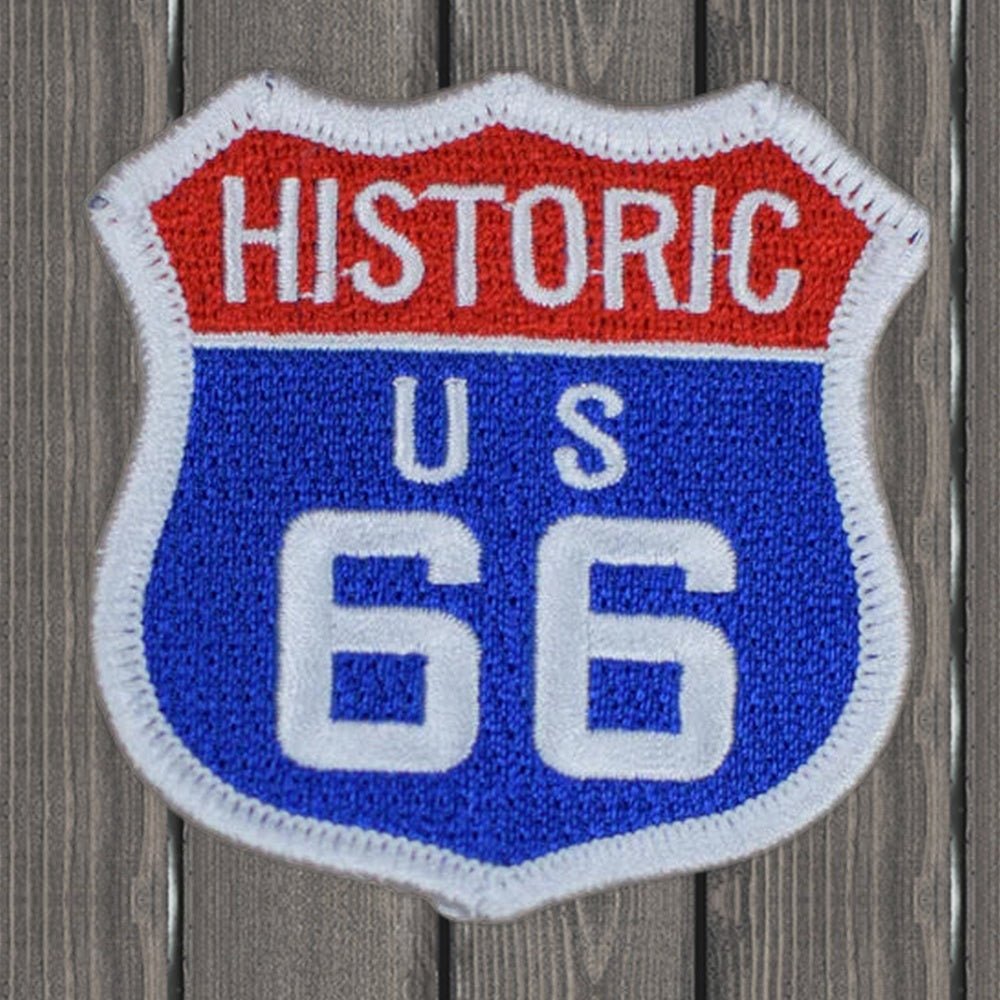 Route 66 Embroidered Patch - 2.5" - Iron On - wood background