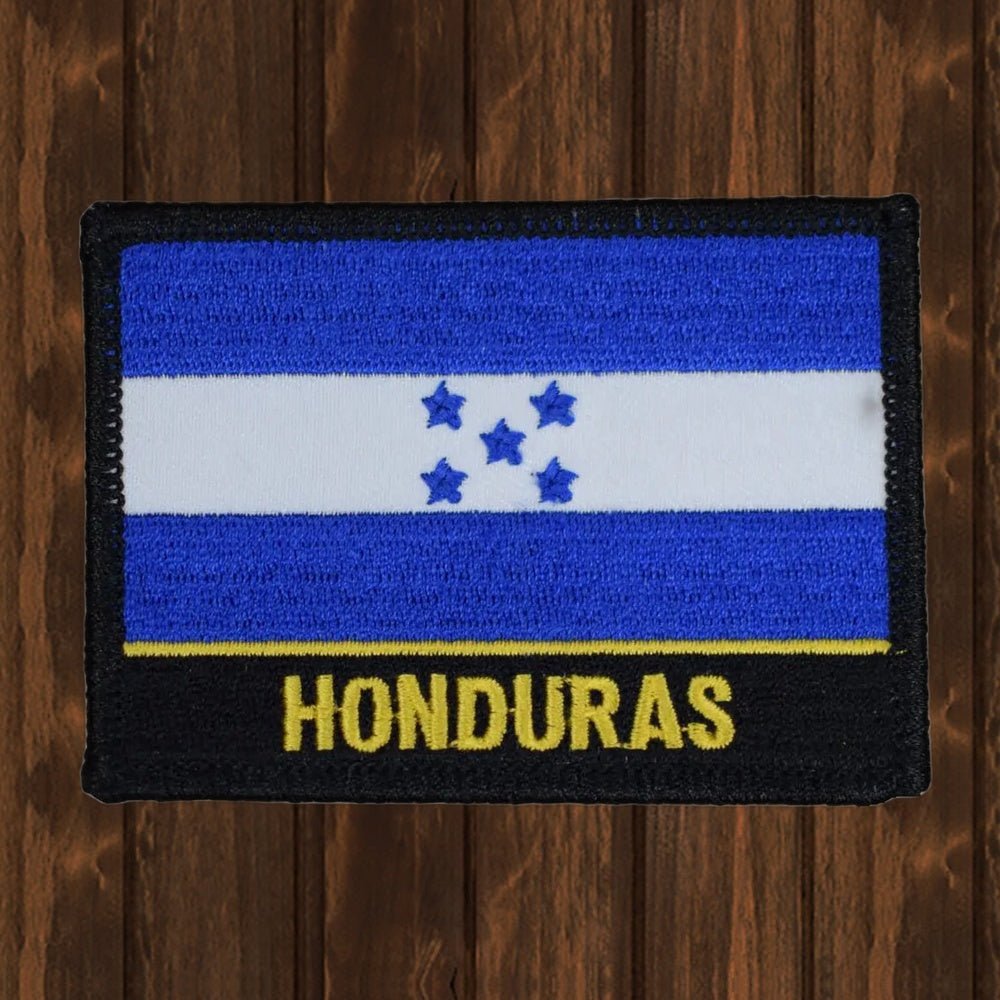 Honduras Embroidered Patch - Flag Badge, 3-3/8" - Iron On - wood background