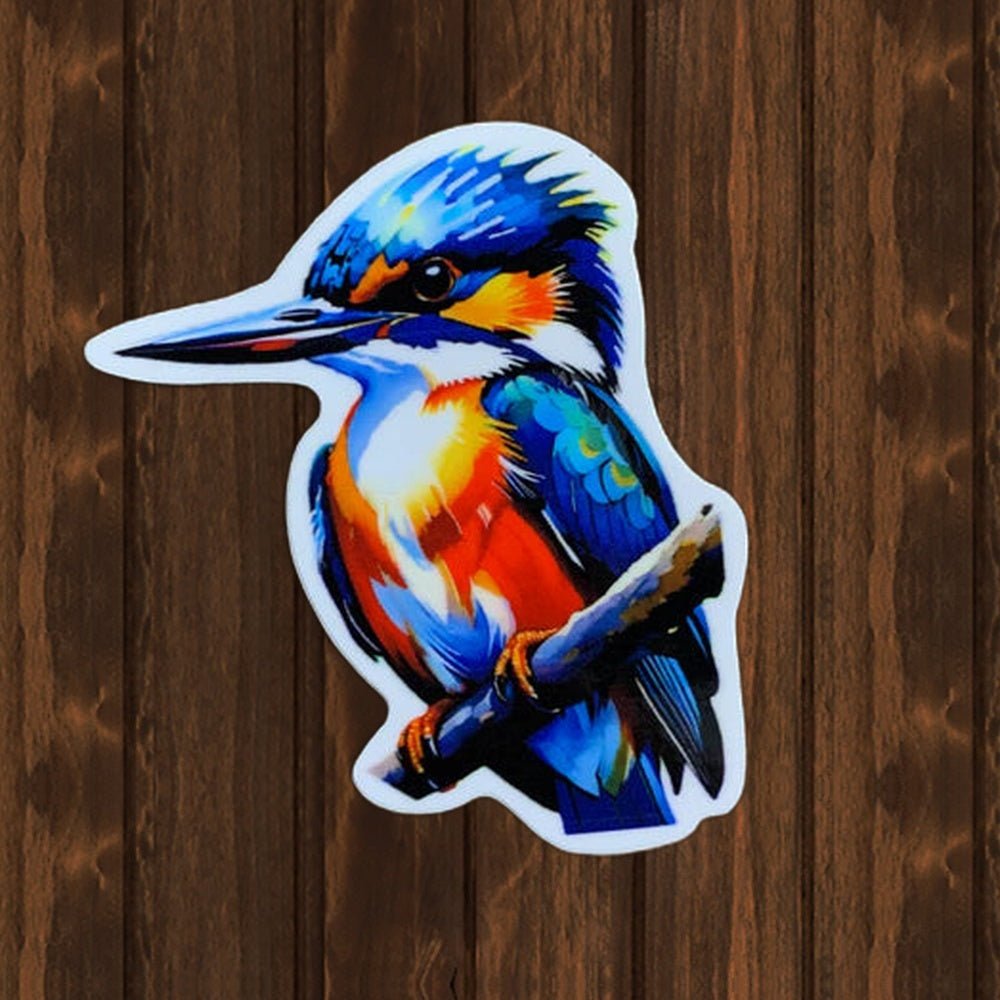 Kingfisher Bird Vinyl Sticker - Colorful Bird, 2.75" - wood background