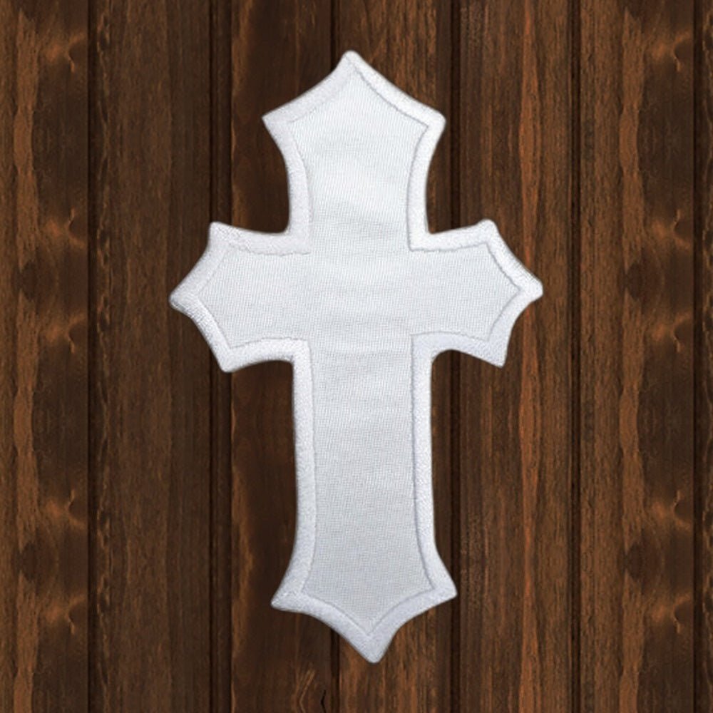 Satin White Cross Embroidered Patch - Curved Edges, Large - Iron On - wood background