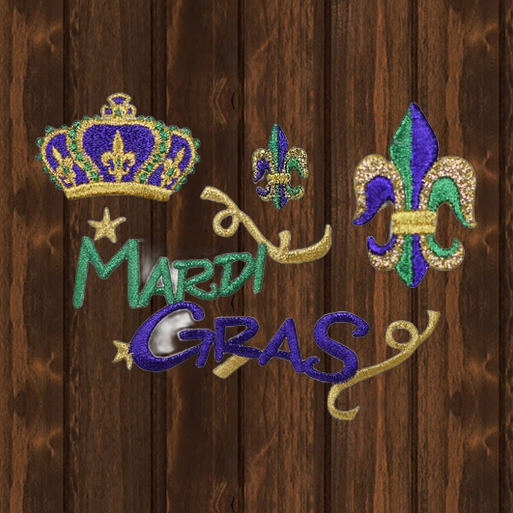 Mardi Gras Applique Patch Set - Fleur De Lis Crown New Orleans (4-Pack, Iron On) - wood background
