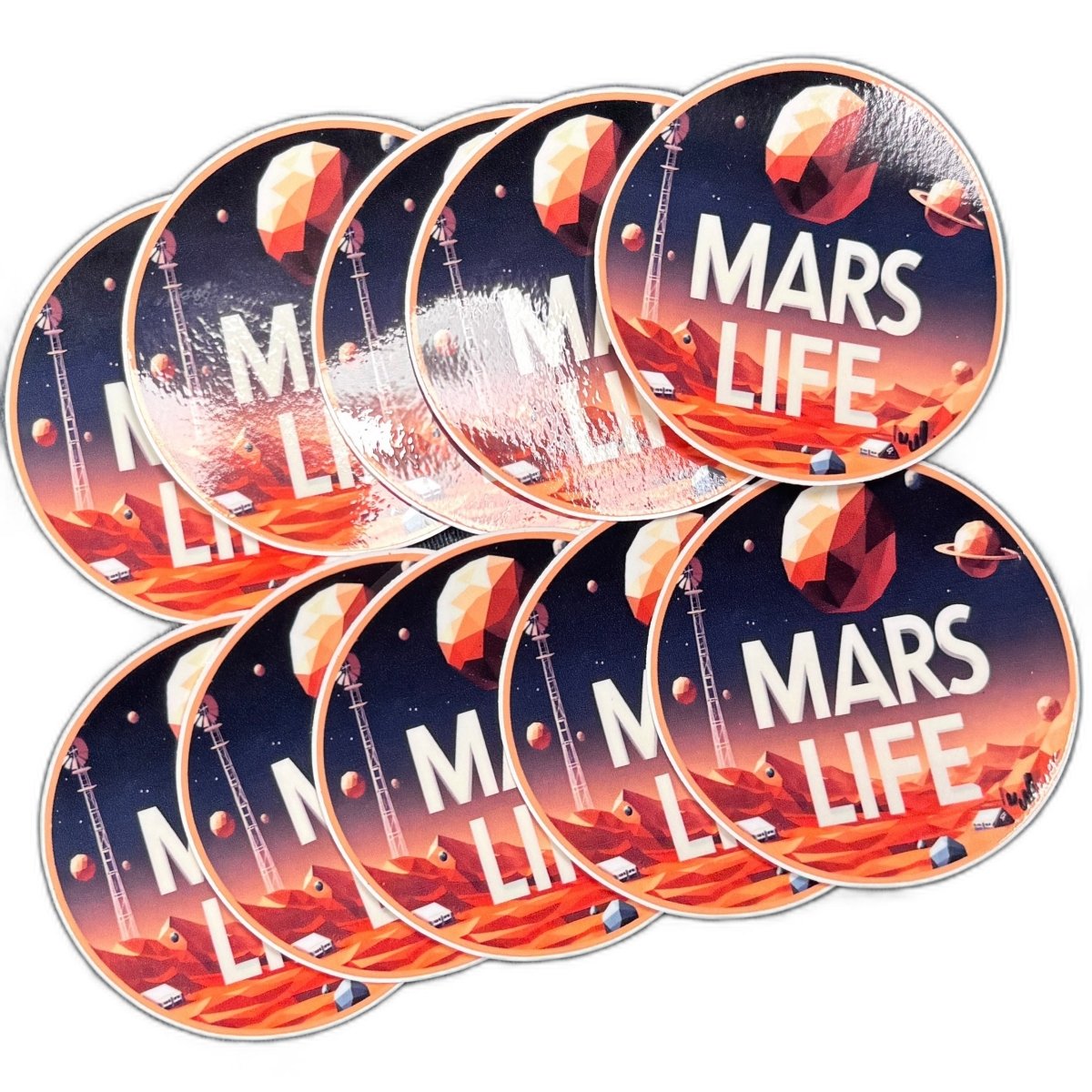 Ten round Mars Life vinyl stickers with orange planetary scenery and white lettering.