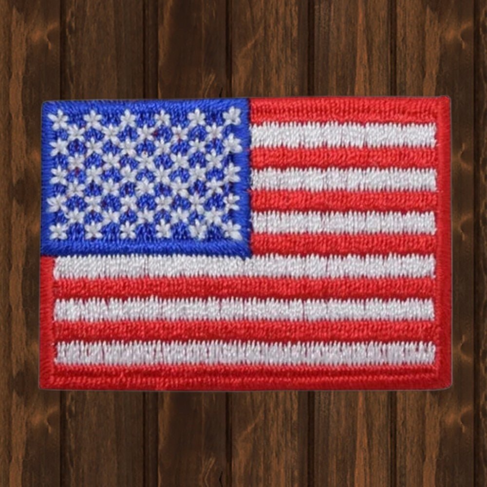 American Flag Applique Patch Medium - 100% USA Embroidered Iron-On (2") - wood background