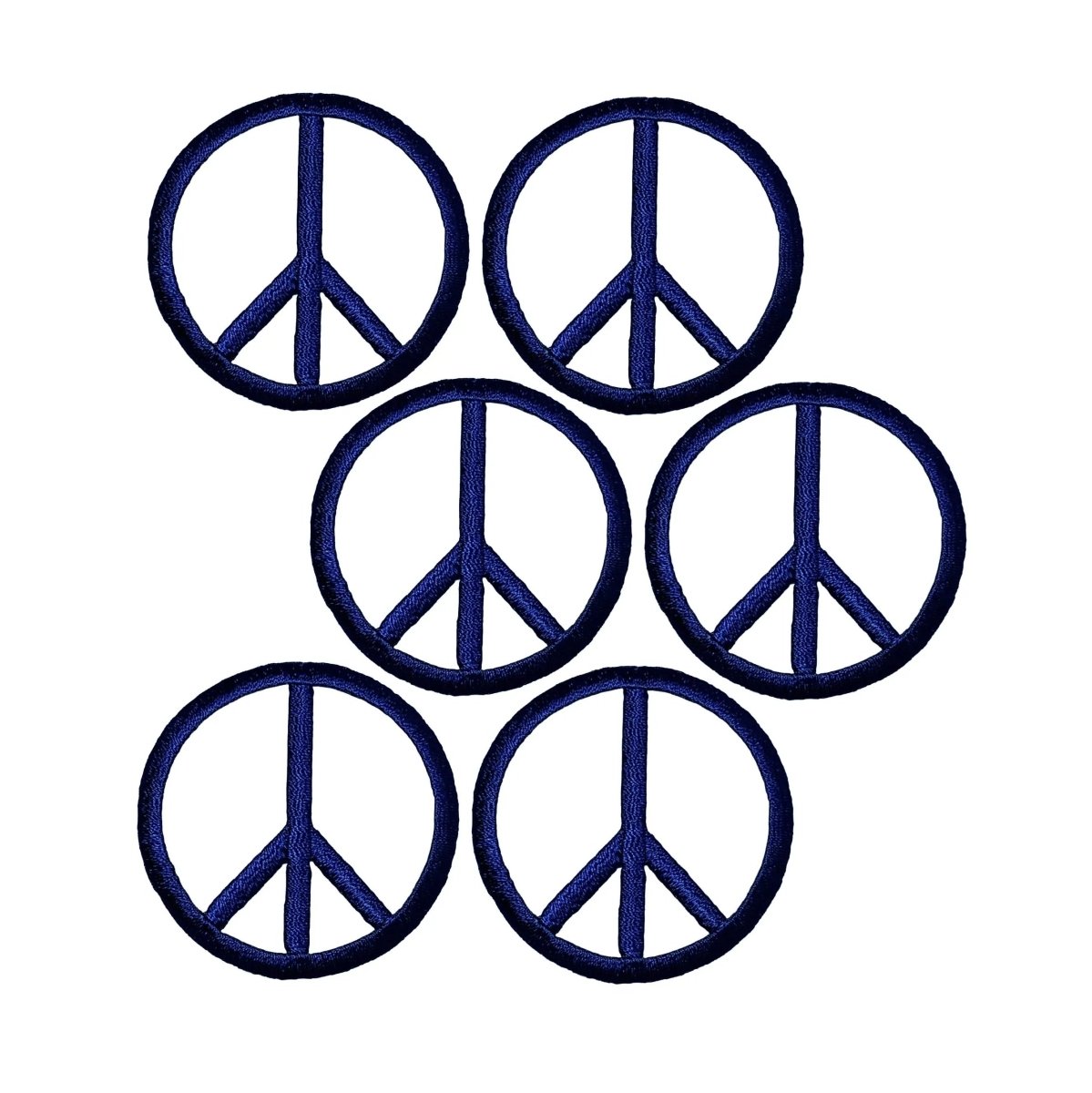 Six navy blue peace sign embroidered patches, each 2 inches