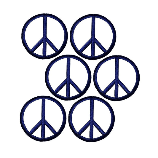 Six navy blue peace sign embroidered patches, each 2 inches