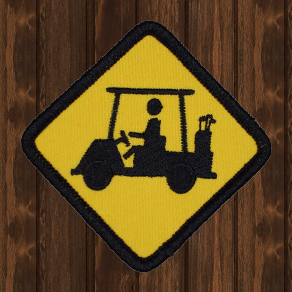 Medium Golf Cart Crossing Patch - Golf Course Road Sign Badge 2-5/8" (Iron On) - wood background