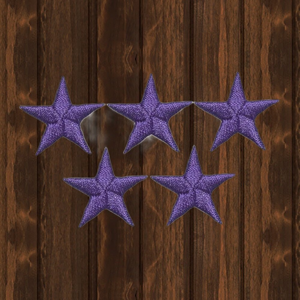 Mini Purple Star Applique Patch - Achievement Badge 5/8" (5-Pack, Iron-On) - wood background