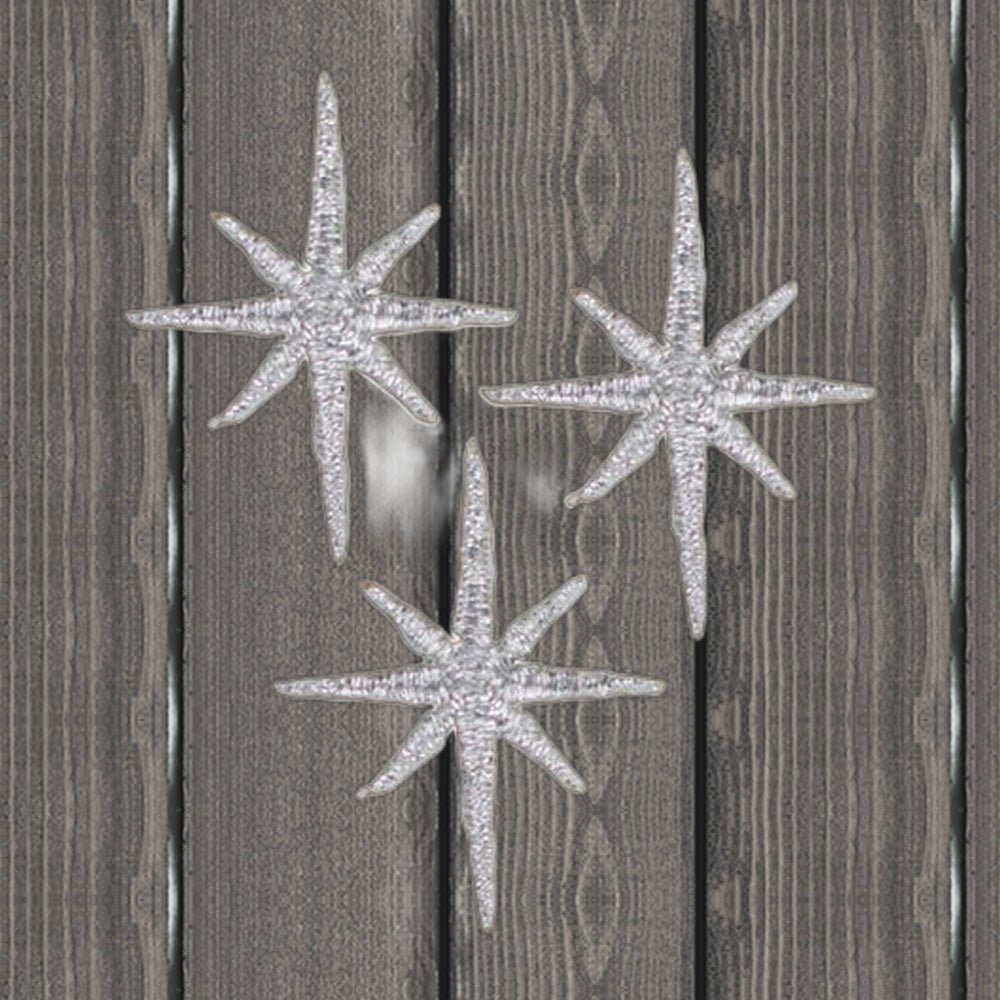 Silver Nativity Star Embroidered Patch Set - 3-Pack, 1.25" - Iron On - wood background