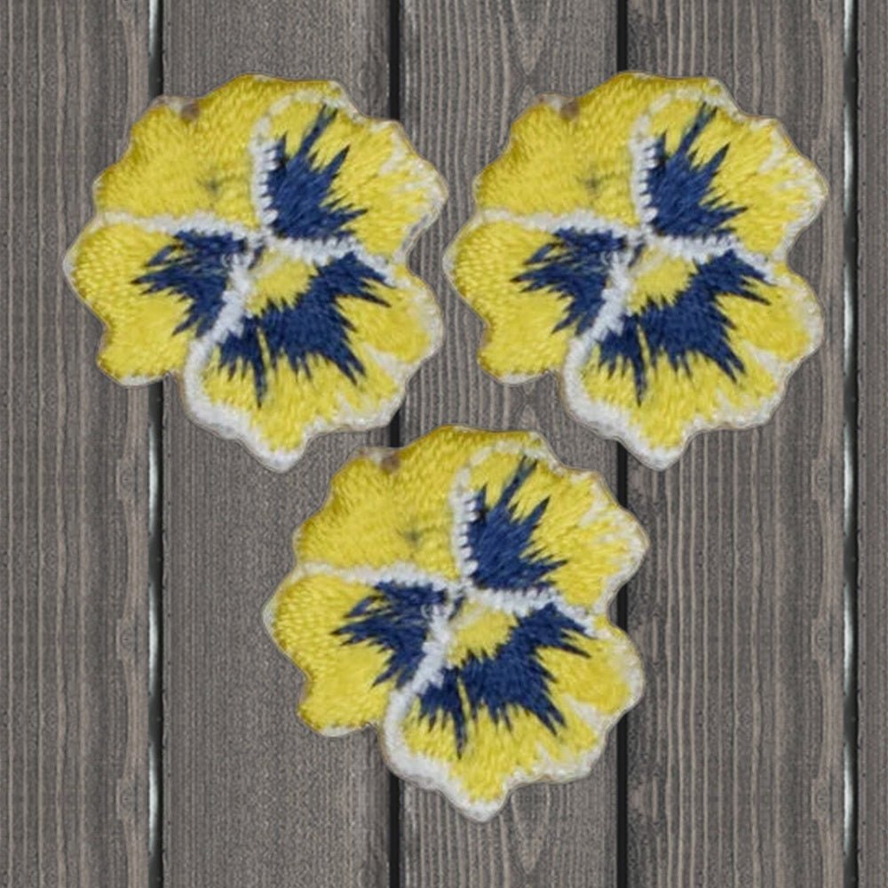 Mini Yellow Pansy Applique Patch Set - Flower Gardening Badge - Iron On - wood background