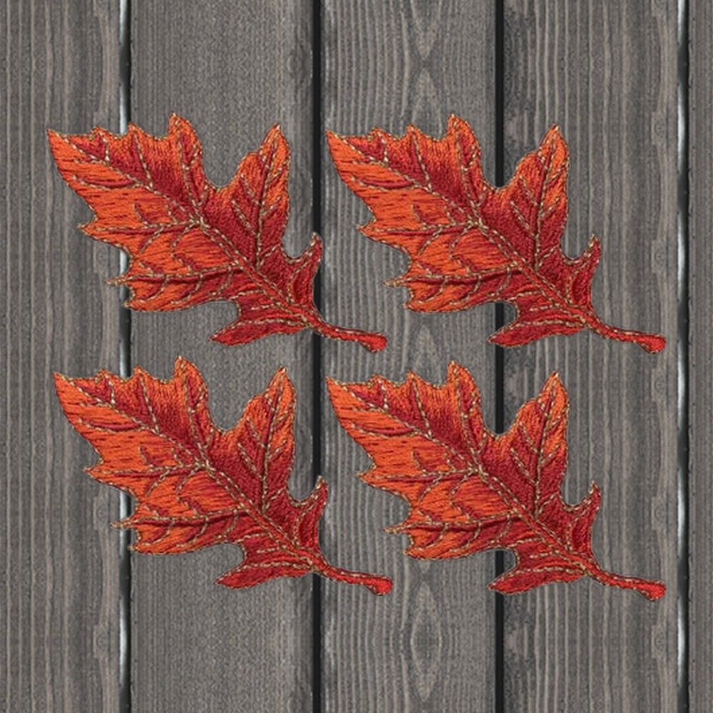 Oak Leaf Applique Patch Set - Autumn Fall Leaf Orange Badge (4-Pack, Iron On) - wood background