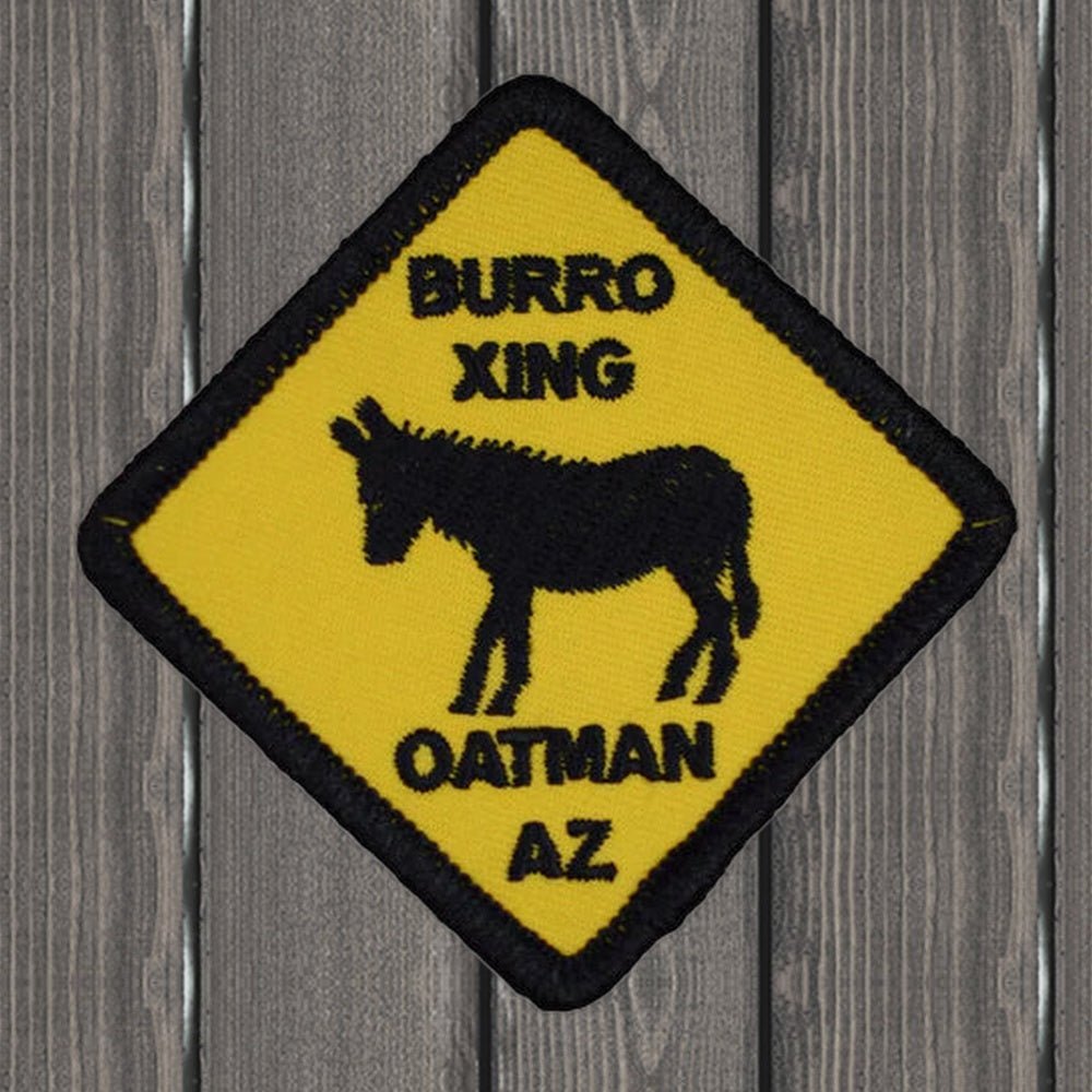 Oatman Arizona Embroidered Patch - Burro Crossing Sign Badge, 3" - Iron On - wood background