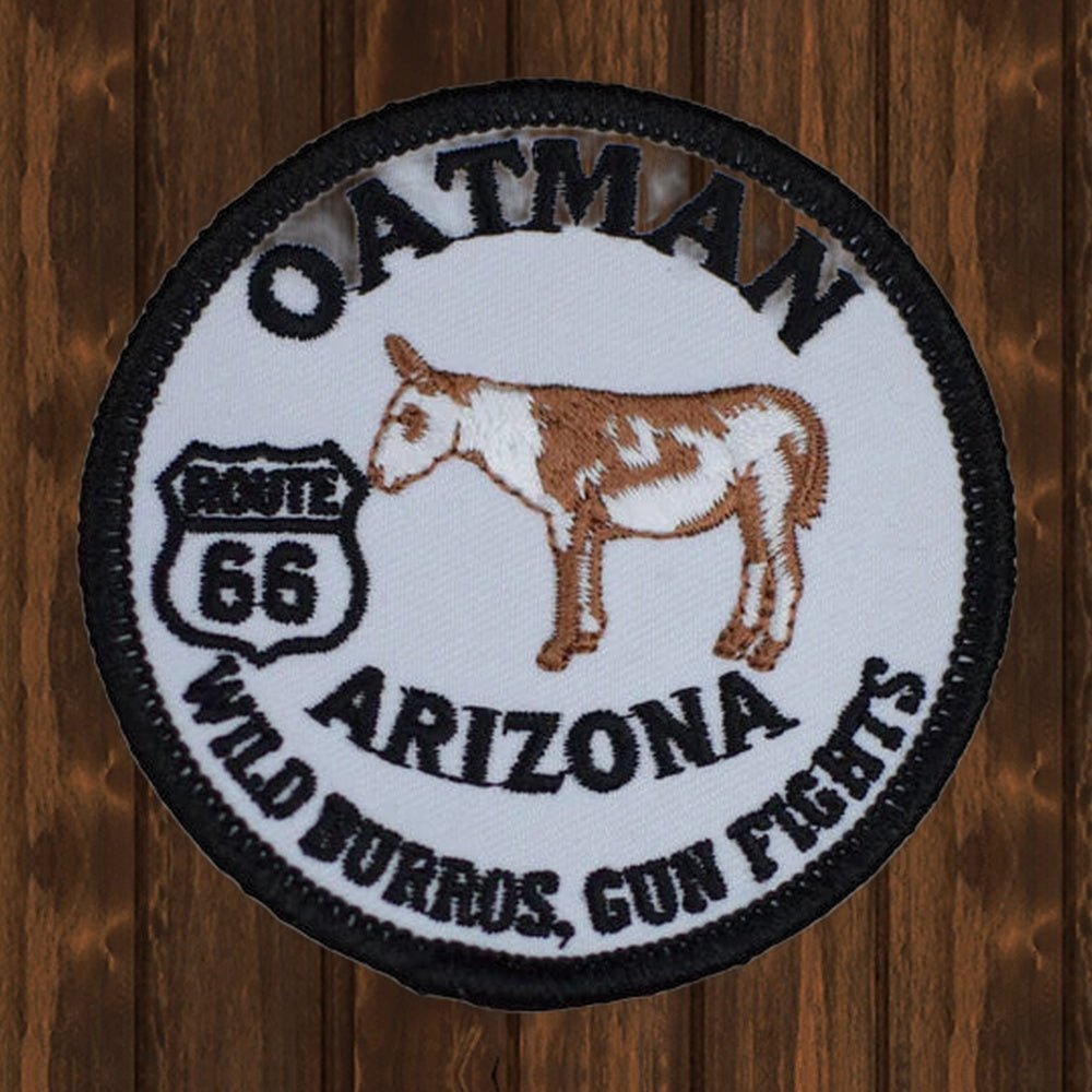 Oatman Arizona Embroidered Patch - 3" - Iron On - wood background