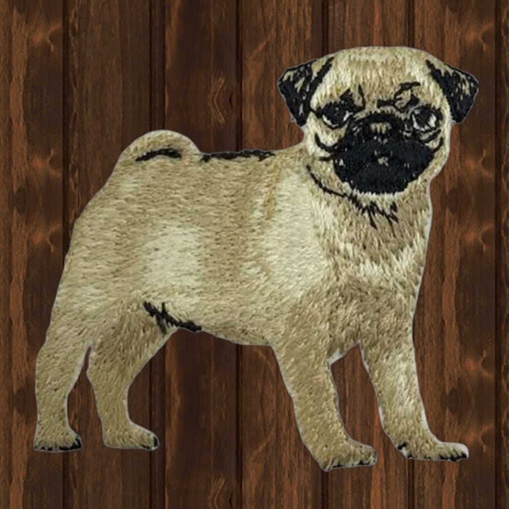 Pug Dog Applique Patch - Pet Puppy Badge (2.5") - wood background