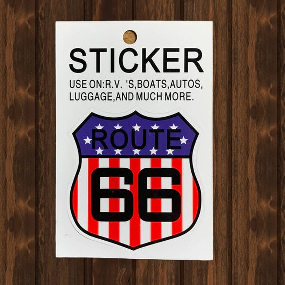 Route 66 USA vinyl sticker with stars and stripes shield design on a wood background