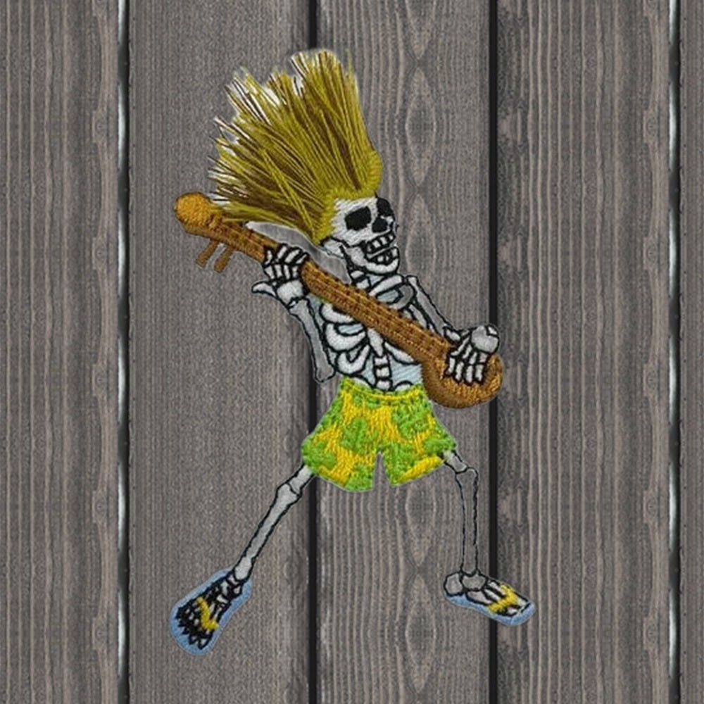 Skeleton & Banjo Applique Patch - Music Instrument Musician Badge 3" (Iron On) - wood background